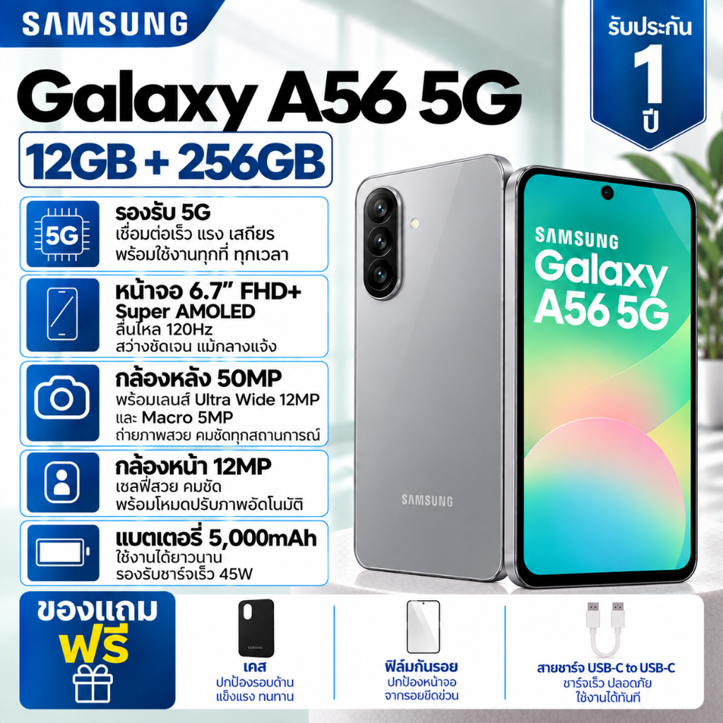 Samsung Galaxy A56 5G 12GB+256GB จอ Super AMOLED 6.7 นิ้ว 120Hz แบต 5000mAh กล้อง 50MP OIS 5G ถ่าย 4K กันน้ำ IP67