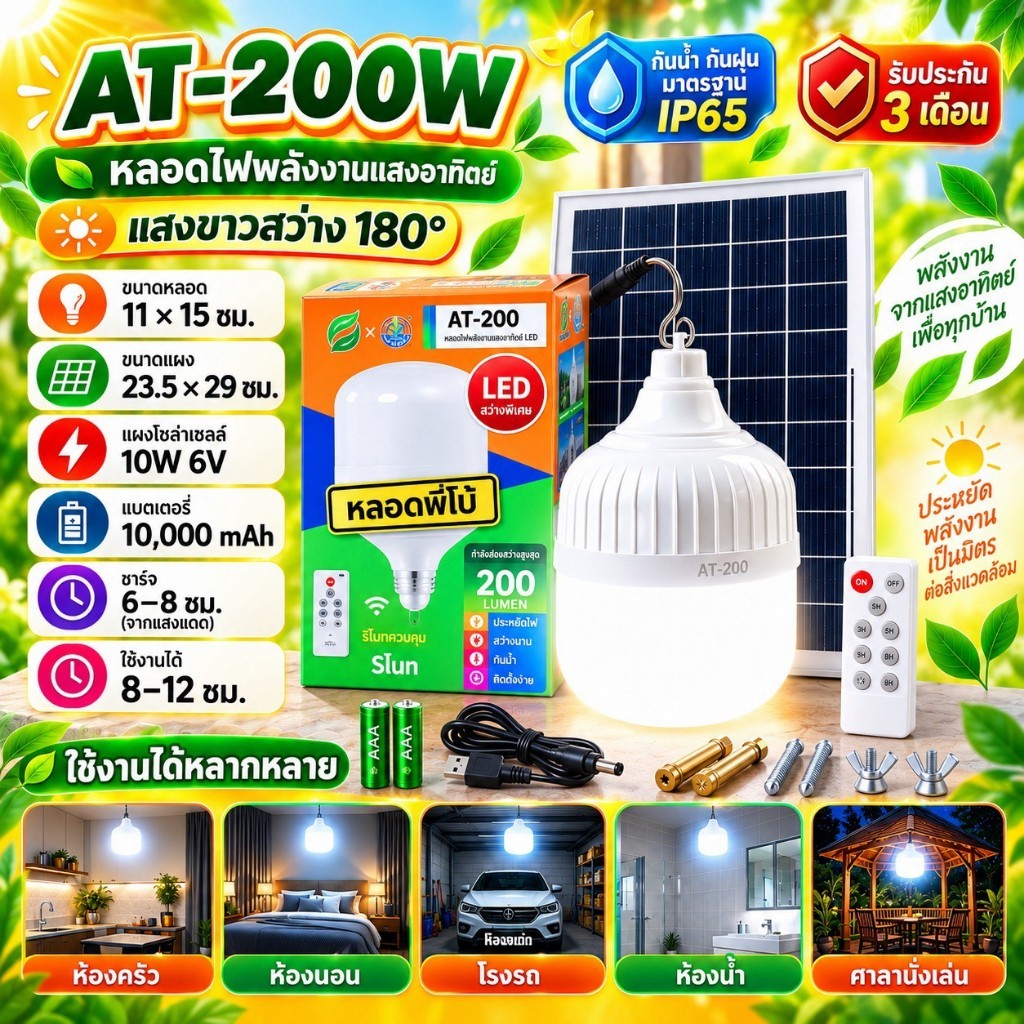 ไฟตุ้ม 200W ไฟตุ้มพี่โบ้ พลังงานแสงอาทิตย์  แสงขาว ไฟโซล่าเซลล์ โซลาร์เซลล์ Solar Light สินค้าขายดี 6.6