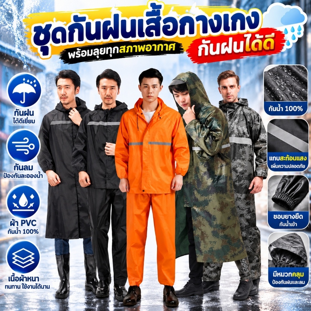 ชุดกันฝนเสื้อกางเกง เสื้อคลุมกันฝน มีแถบสะท้อนแสง สำหรับขี่มอเตอร์ไซค์ เกรดหนา raincoat