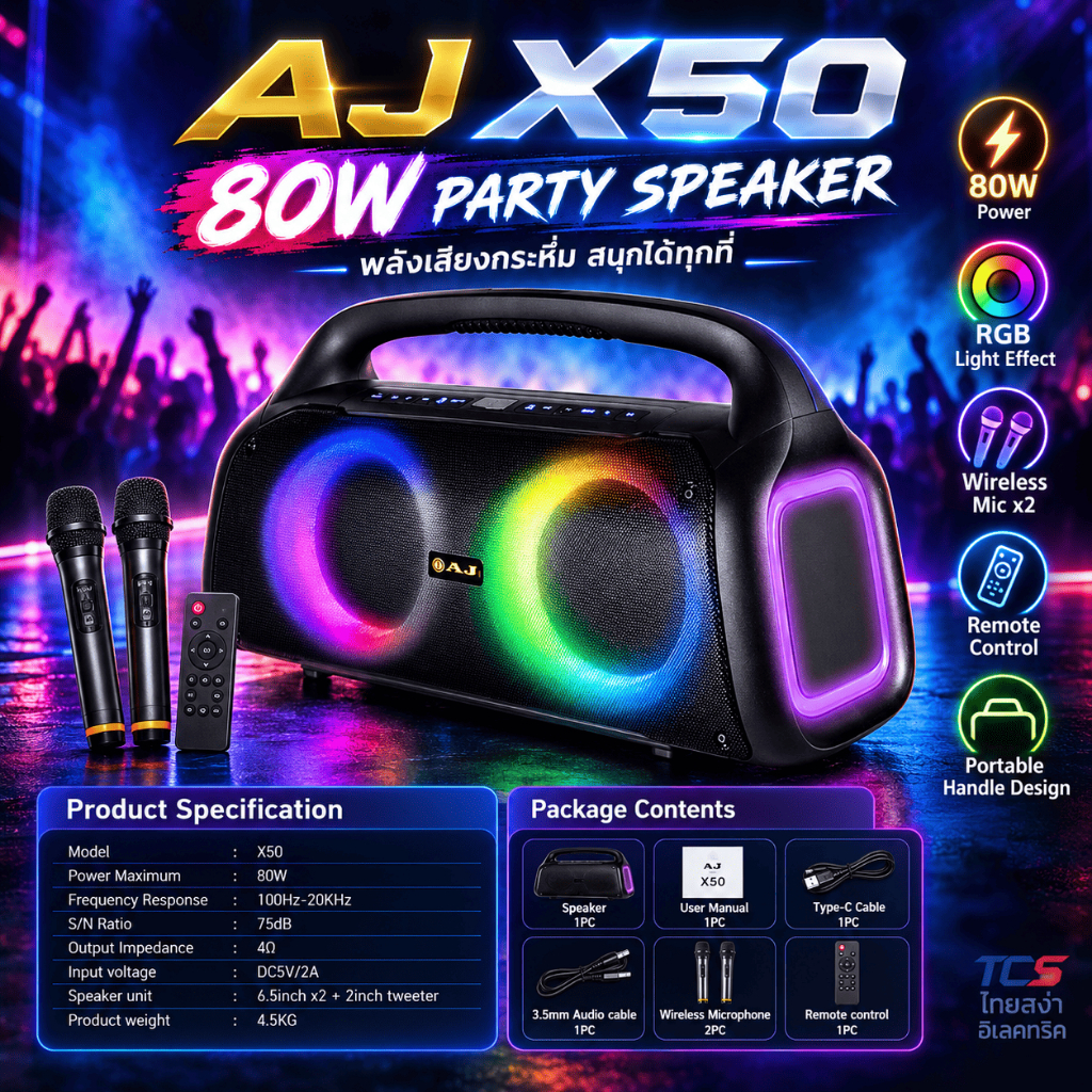 AJ ลำโพงบลูทูธ รุ่น X50 Super Bass กำลังขับ 80 วัตต์ พร้อมไมค์ลอย 2 ตัว มีไฟLED เสียงดี ประกัน 1 ปี