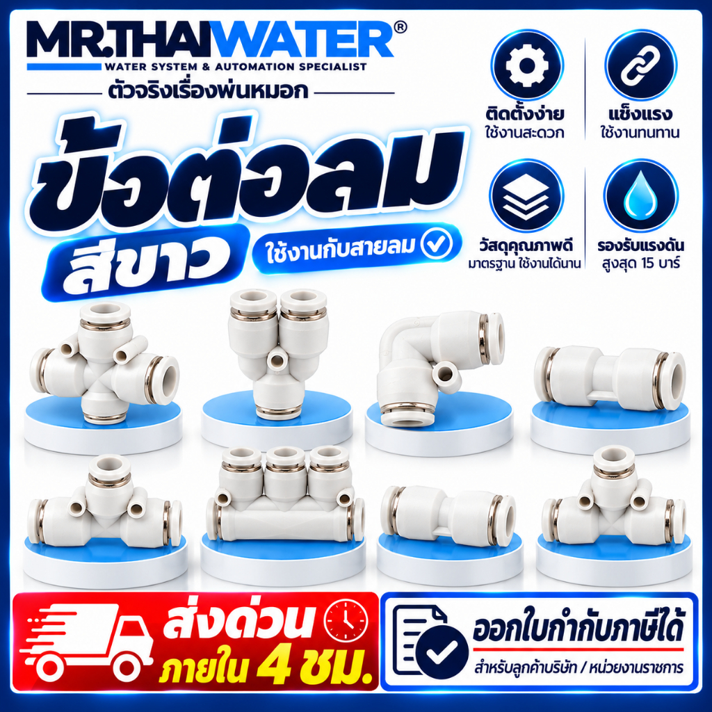 สีขาว ข้อต่อลม ข้อต่อนิวเมติกส์ข้อต่อสายลม PU  สายพ่นหมอก Pneumatic Tee Fitting 4-16 มม.