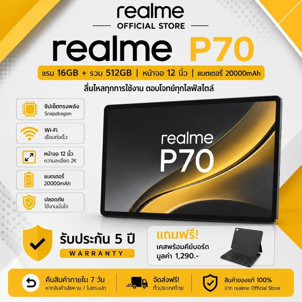 Realme Pad P70 แท็บเล็ต 12 นิ้ว | 16GB+512GB | Android 12 | รองรับซิม + WiFi | ส่งฟรี tablet Tablet
