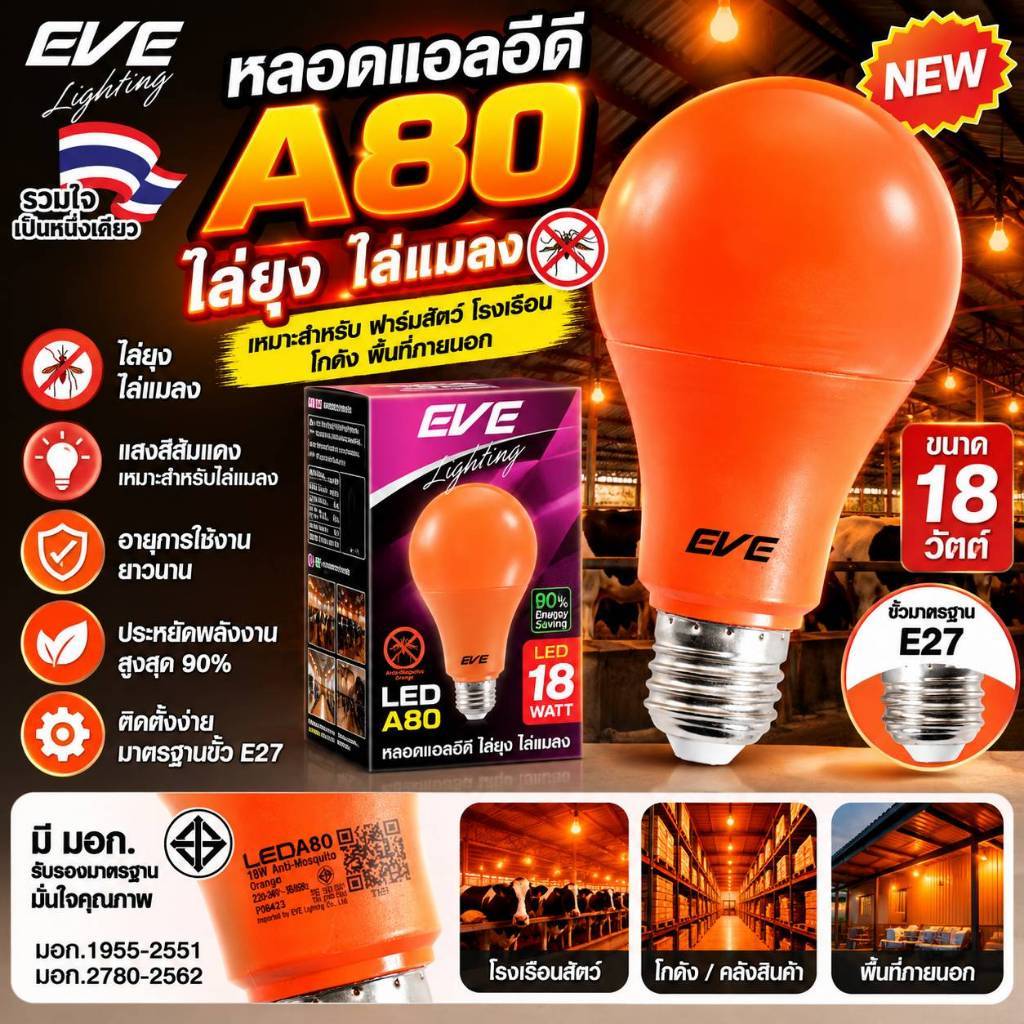 หลอดไฟ ไล่ยุง แอลอีดี ขนาด 18W แสงสีส้มแดง LED Anti Mosquito ขั้วเกลียว E27