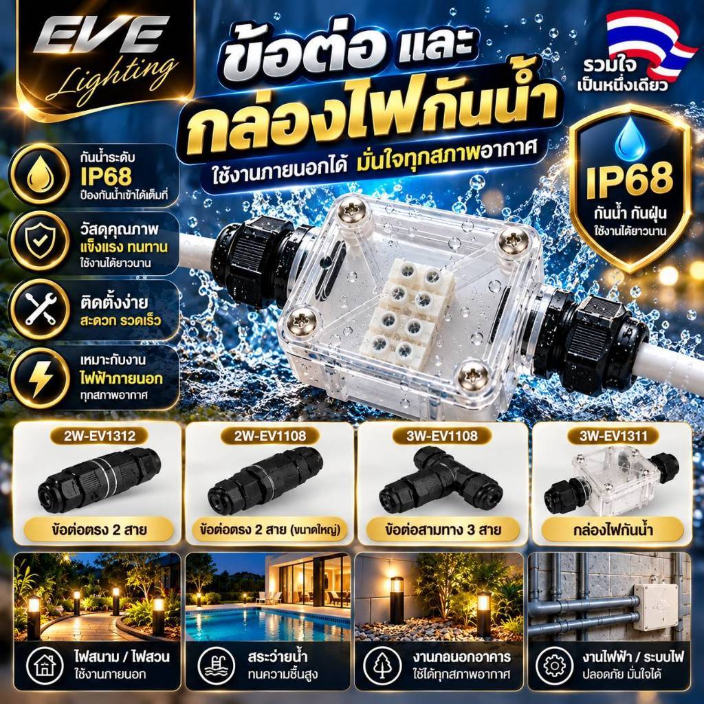 EVE กล่องต่อไฟกันน้ำ และ ข้อต่อสายไฟกันน้ำ มาตรฐาน IP68 กันน้ำกันฝน แบบกล่องไฟสายไฟสูงสุด 4-16 สาย