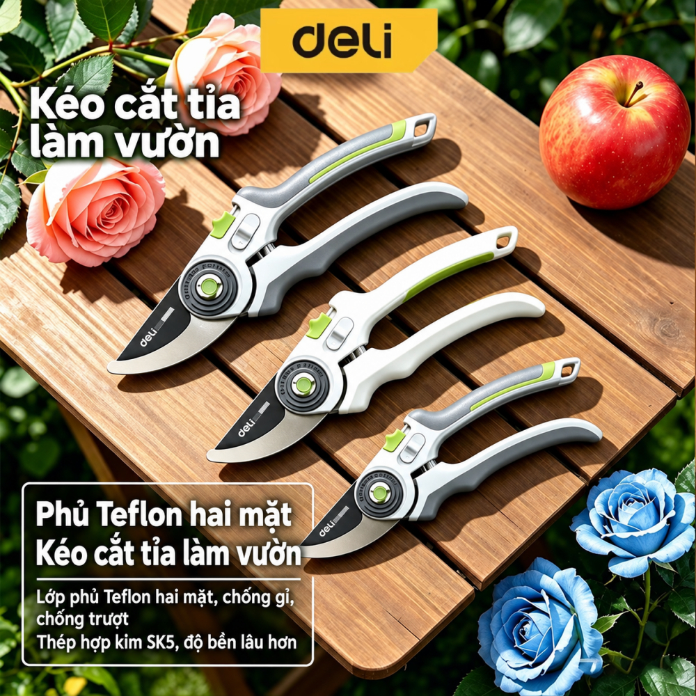 Deli กรรไกรตัดกิ่ง ใช้ในบ้าน กรรไกรแต่งกิ่ง SK5 ใบมีดเคลือบ Teflon ขนาด 8 นิ้ว Pruning Shears