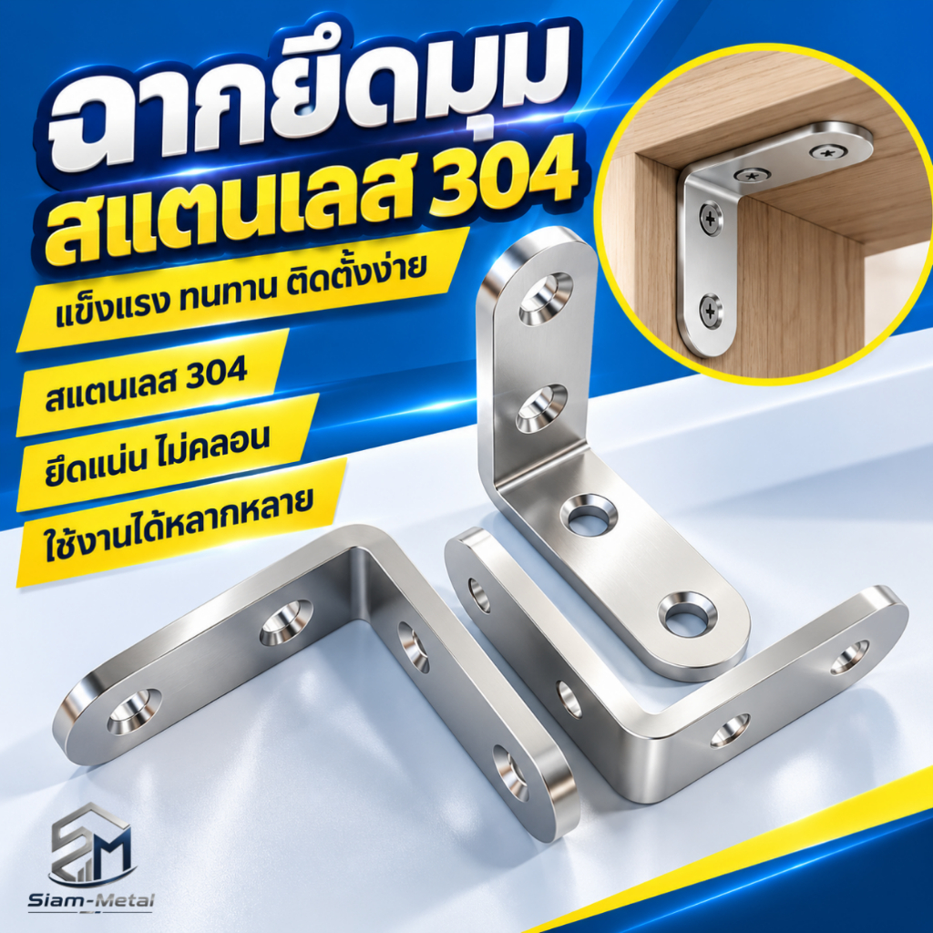 ฉากสแตนเลส หนา 3 มม. ยึดมุม 90 องศา แข็งแรง รับน้ำหนักดี กันสนิม ข้อต่อฉากเฟอร์นิเจอร์