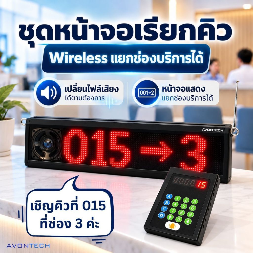 เครื่องเรียกคิวสั่งทำเสียงแบรนด์ตนเอง Avontech 303Q เครื่องเรียกคิว หน้าจอพร้อมลำโพงเรียกคิว