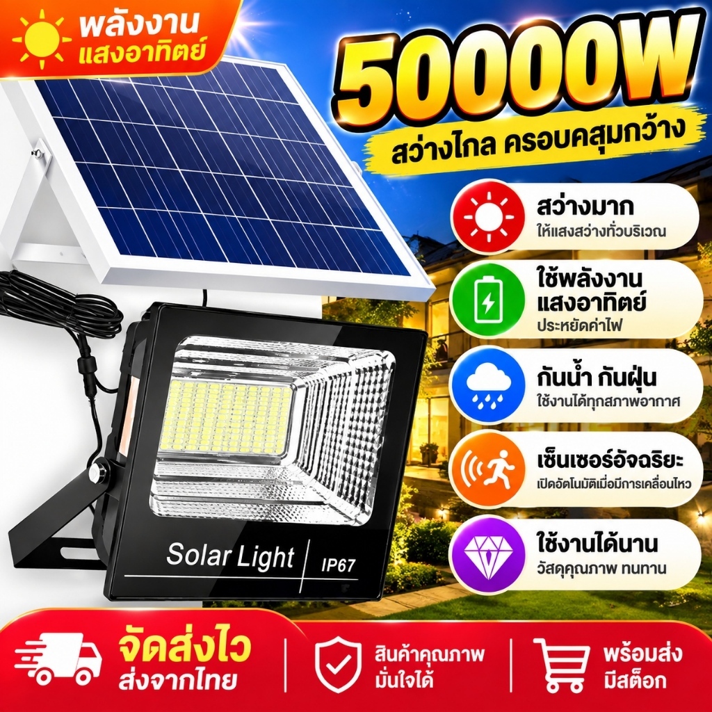 ไฟโซล่าเซลล์ ไฟโซล่าเซล 50000W โซล่าเซลล์ แสงสีขา กันน้ำ กันฟ้าผ่าIP67 ไฟกลางแจ้งพลังงานแสงอาทิตย