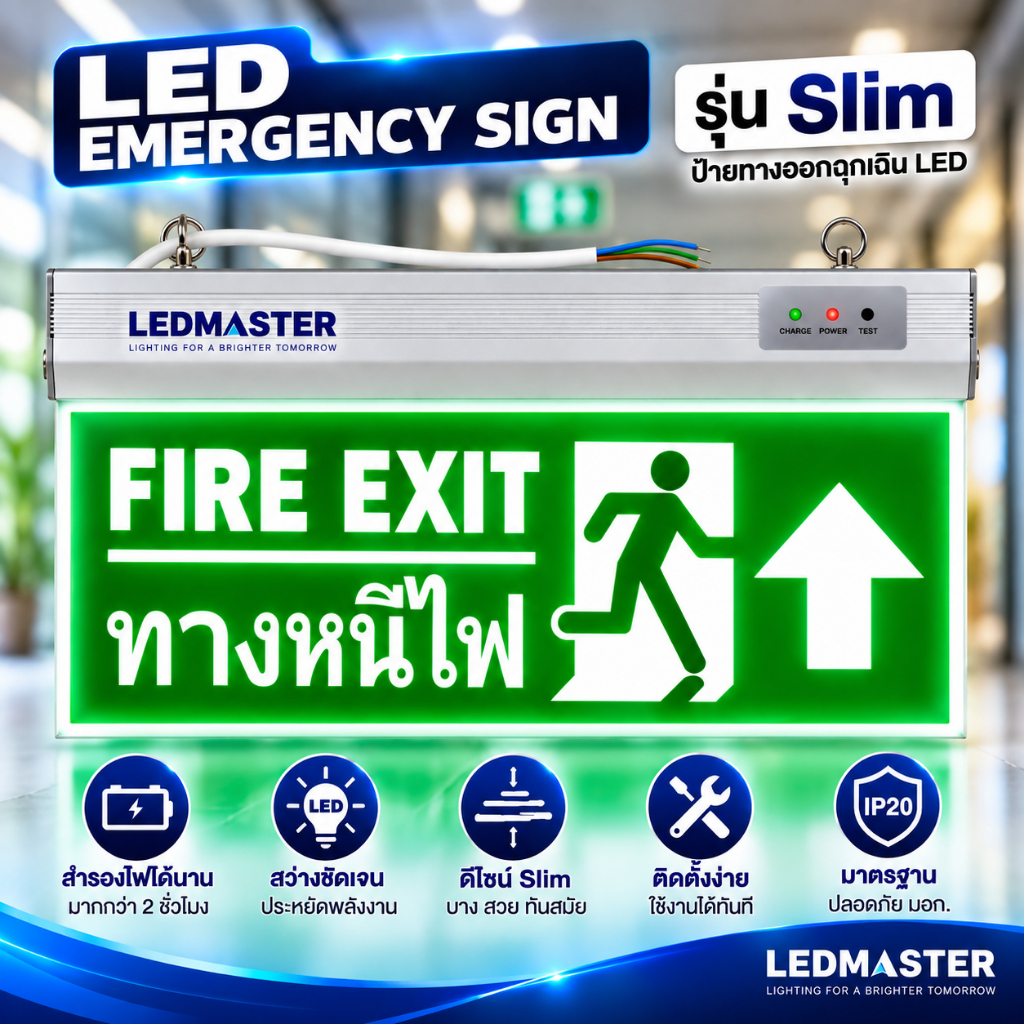✅งานมอก. ตรวจอาคารผ่าน✅ ป้ายไฟฉุกเฉิน Fire Exit รูปคนวิ่งทางหนีไฟลูกศรชี้ขึ้น สำรองไฟ 3-5 ชม.