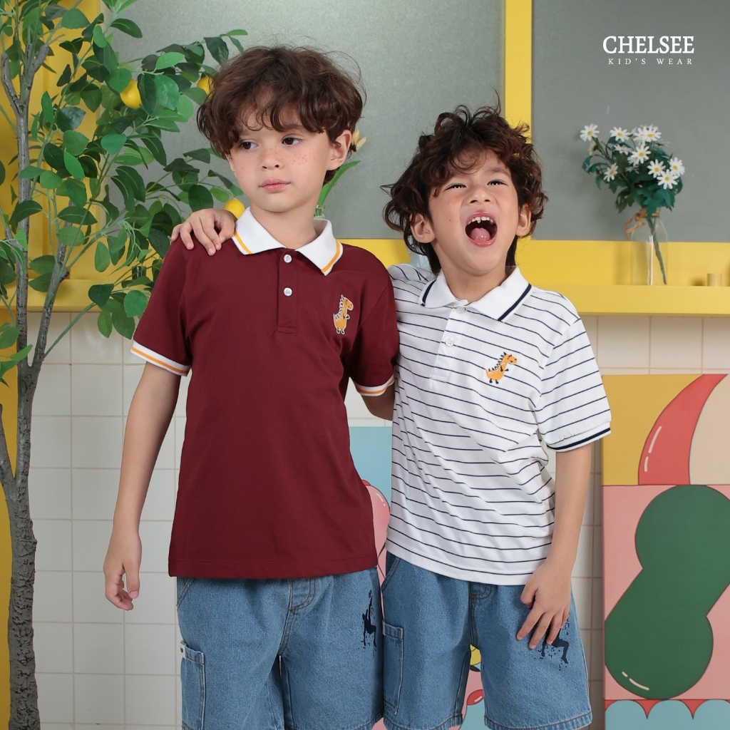 Chelsee قميص بولو أولاد قطن مقلّم بتطريز ديناصور — صورة 6