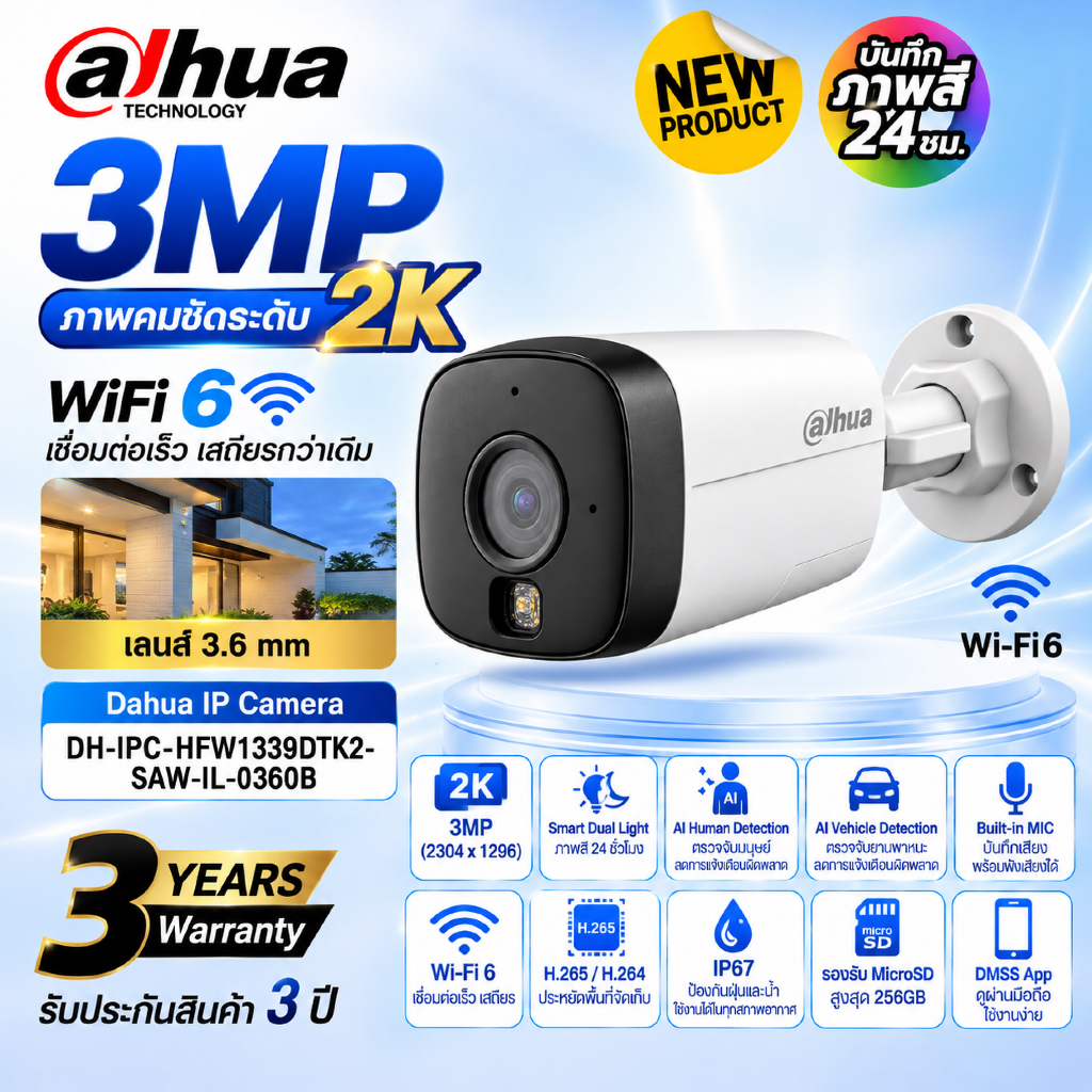 (สินค้าใหม่) Dahua กล้อง รุ่น DH-IPC-HFW1339DTK2-SAW-IL-0360B  คมชัด 3MP Wi-Fi 6 จับคู่ผ่าน Bluetooth ประกัน3ปี