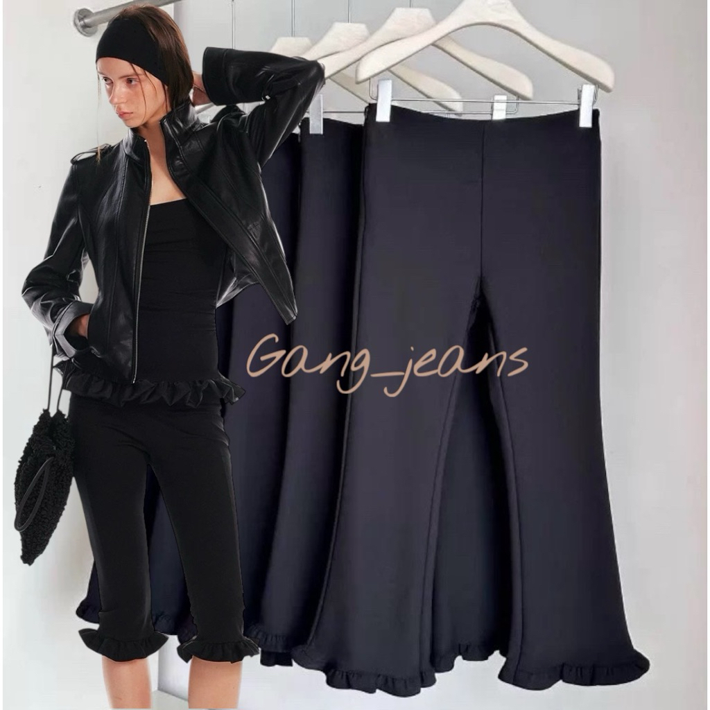 Gang_jeans✅พร้อมส่ง(Mo)Frill Capri Pants กางเกงทรง Capri เเบบติดระบายเกร๋ ดีเทลกระเป๋า