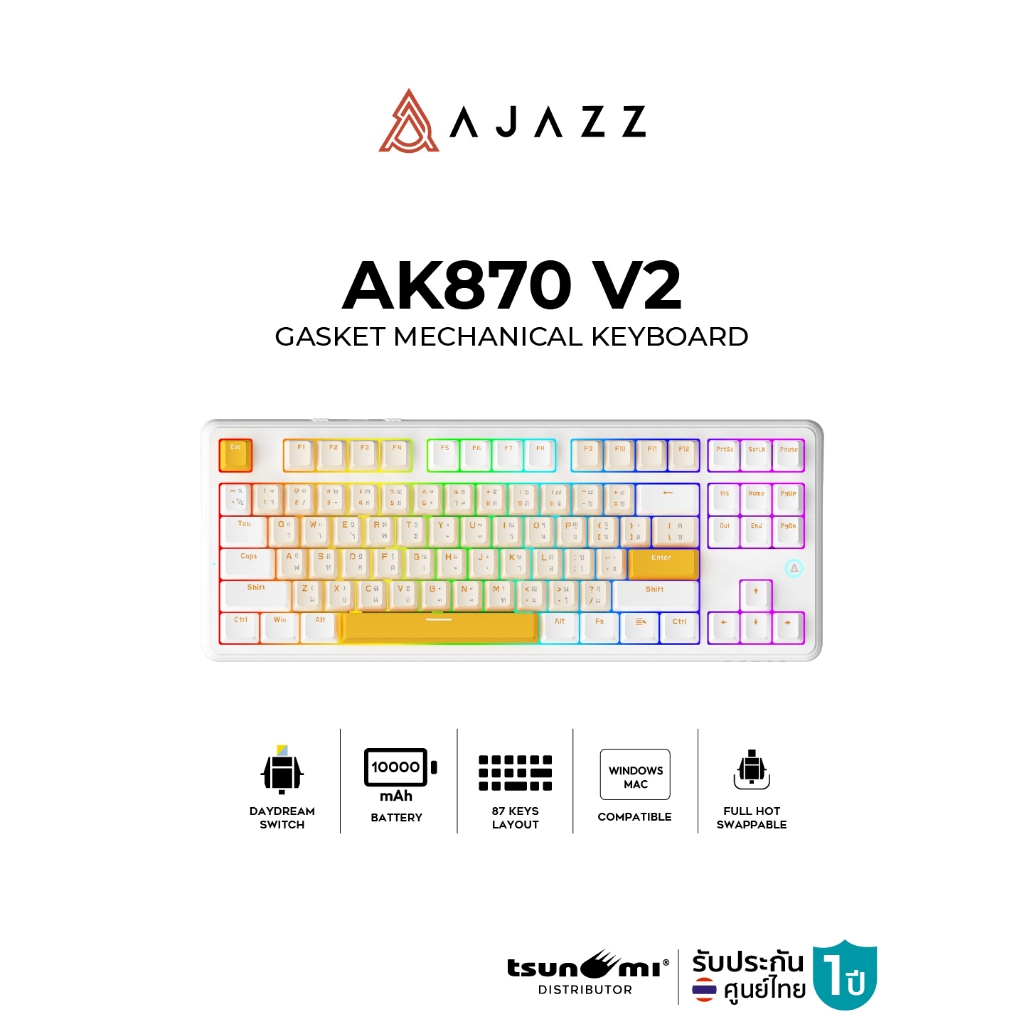 คีย์บอร์ดเกมมิ่ง Ajazz AK870 V2 10,000mAh Tri-Mod Gasket Mechanical Keyboard รับประกัน 1 ปี