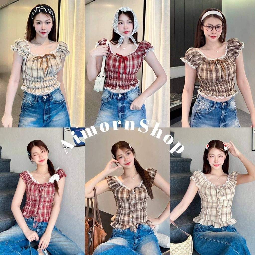🔥aimorn_shop🔥 เสื้อปาดไหล่แขนตุ๊กตา ลายสก็อต แต่งลูกไม้ ผูกโบว์ด้านหน้า พร้อมส่ง