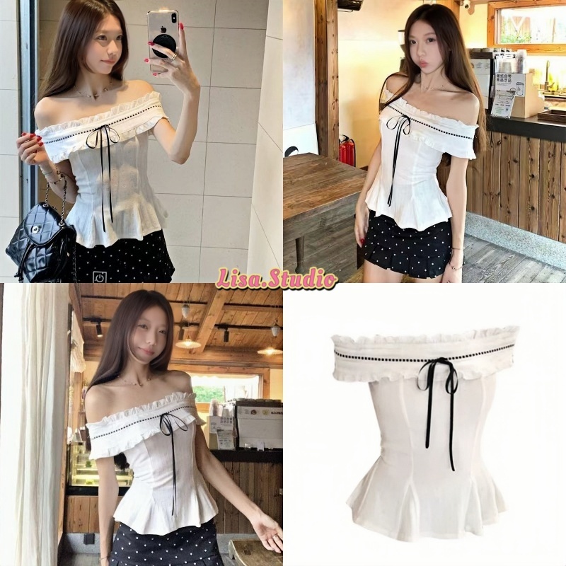 Lisa พร้อมส่ง เสื้อปาดไหล่ แต่งลูกไม้สีขาว เสื้อครอปทรงรัดรูป ผูกโบว์น่าร เปิดไหล่แบบละบาย สาวฮอต เซ็กซี่แฟชั่นผู้หญิง