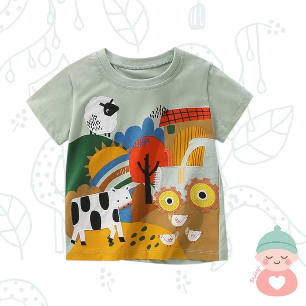 เสื้อยืดเด็ก แขนสั้น คอกลม ลายสัตว์ในฟาร์ม สีเขียว