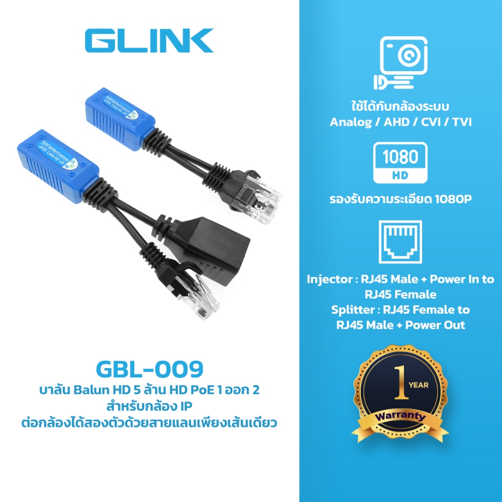 GLINK GBL009 บาลัน5ล้าน Balun HD PoE 1 ออก 2 สำหรับกล้อง IP