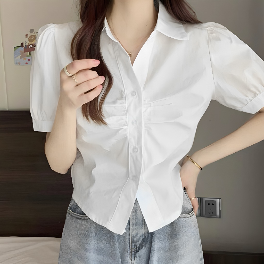 เชิ้ตผู้หญิงครอป จับจีบหน้า แขนสั้นแขนพอง เสื้อผ้าสำหรับผู้หญิง สไตล์ลูกคุณชิคๆเก่ๆ ทรงสวย #MO8017