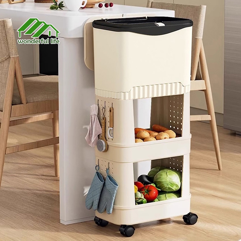 Wonderful life ถังขยะ พร้อมชั้นวาง 2 ชั้น ถังขยะพลาสติก แยกประเภทได้ มีล้อเลื่อน ชั้นวางของ ถังขยะในห้องครัว
