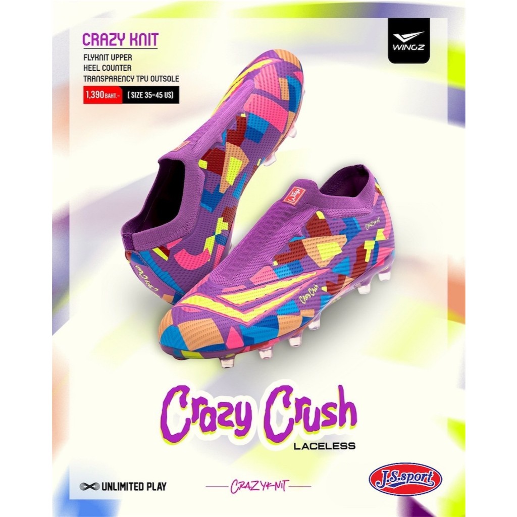 WINGZ Crazy Crush KNiT (PRO) รองเท้าสตั๊ดหุ้มข้อแบบไร้เชือก/แบบมีเชือก รองเท้าฟุตบอล เด็ก/ผู้ใหญ่