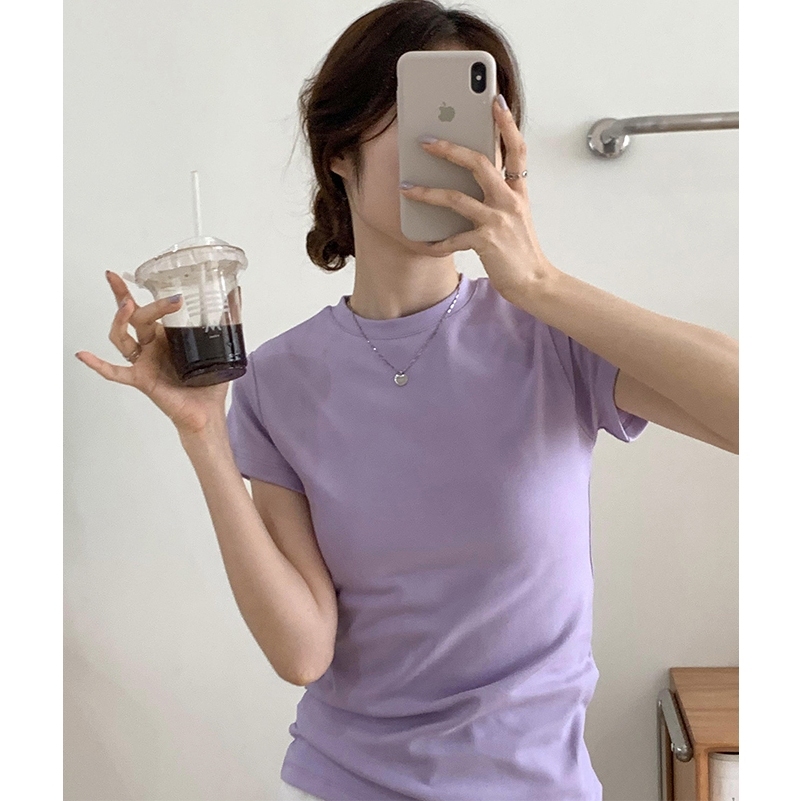 Bella Shop เสื้อยืดแฟชั่นแขนสั้นคอกลมสีพื้นสำหรับผู้หญิง ช่วยให้ดูผอมเพรียวและสวยงาม นุ่มสบาย - รูปที่ 6