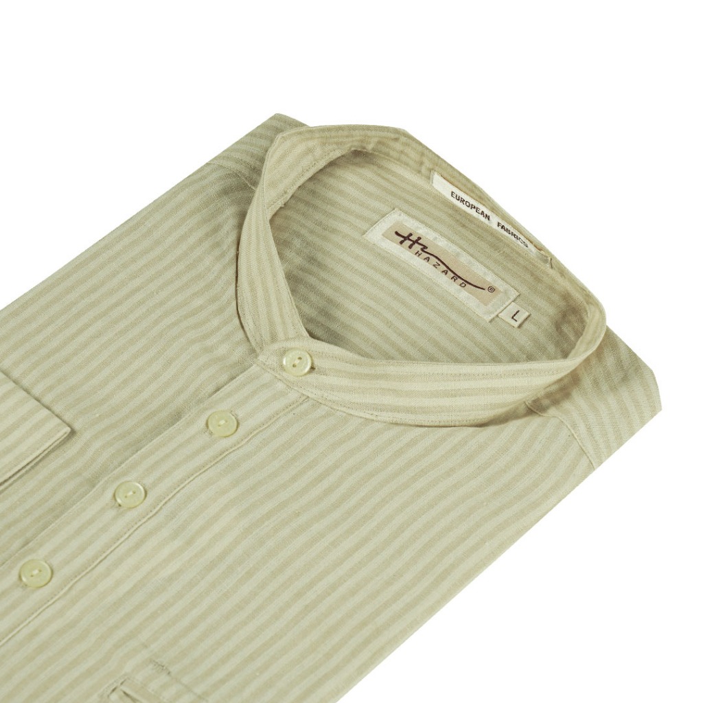 HAZARD เสื้อเชิ้ตแขนยาวคอจีนผ่าหน้าลายทาง ผ้า Linen(ลินิน) สีครีม