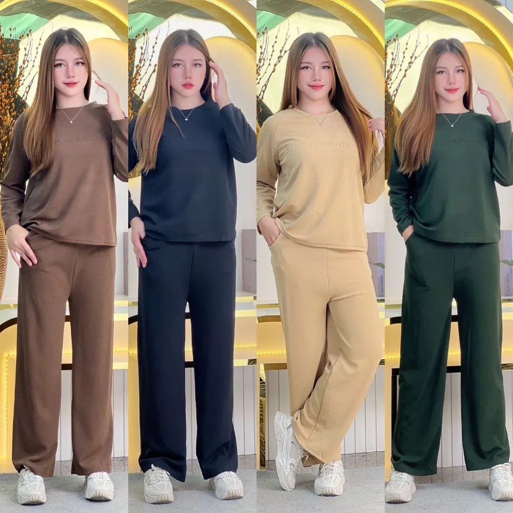 ชุดเซ็ทแฟชั่นผู้หญิง เสื้อแขนยาว+กางเกงขายาว ปักอักษรนู้นกลางอก สีเรียบสวย TZ9708
