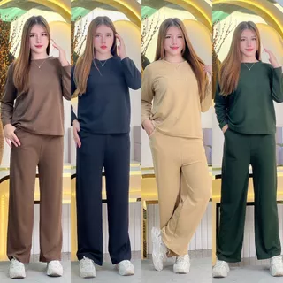 ชุดเซ็ทแฟชั่นผู้หญิง เสื้อแขนยาว+กางเกงขายาว ปักอักษรนู้นกลางอก สีเรียบสวย TZ9708