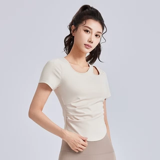 mvp sport ชุดกีฬาผู้หญิง ท็อปโยคะ สีพื้น คอกลม แขนสั้น แผ่นรองหน้าอกในตัว แขนสั้นโยคะกันกระแทกความแข็งแรงสูง