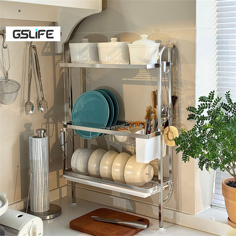 GSlife【สแตนเลส 304】ชั้นวางจานติดผนังพร้อมถาดรองน้ำทิ้งแบบถอดได้