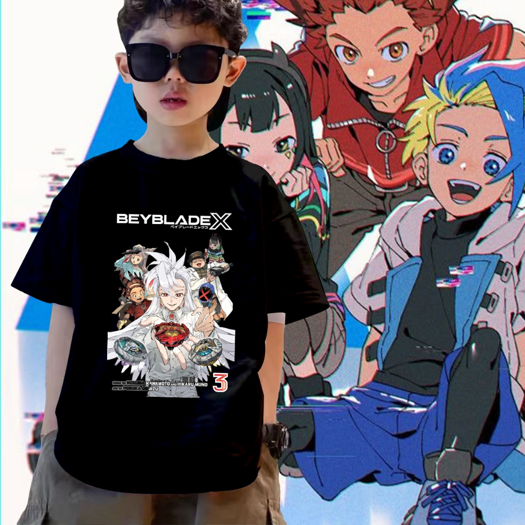 เสื้อยืด Beyblade X Kurosu Ekusu Jaxon Cross เด็ก T-shirt สำหรับเด็กชายและเด็กหญิง T-SHIRT สบายผ้าฝ้