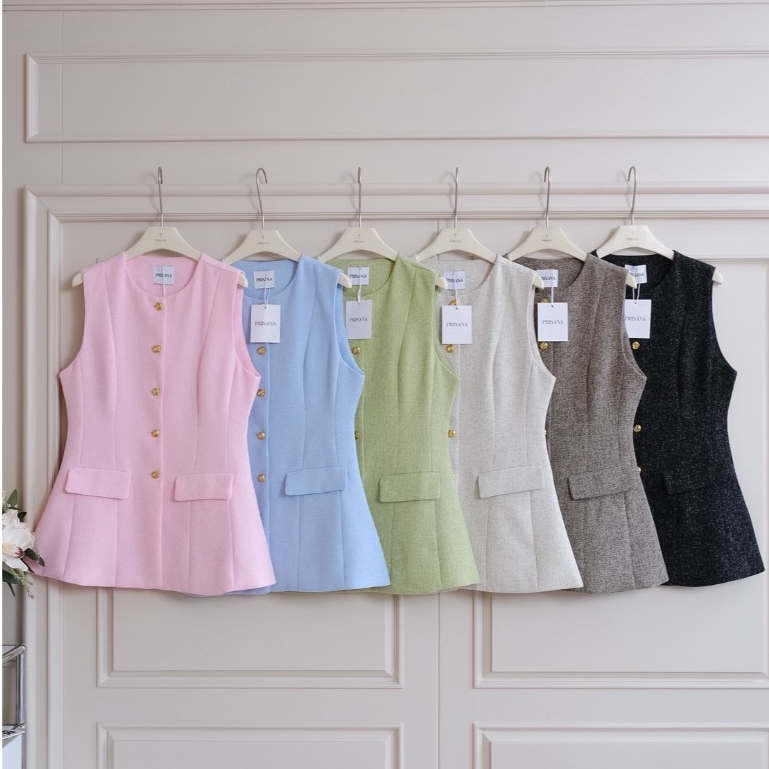 Creamystore เสื้อแขนกุดตัวยาว ผ้าทวีต กระดุมสีทอง งานป้ายPrisana