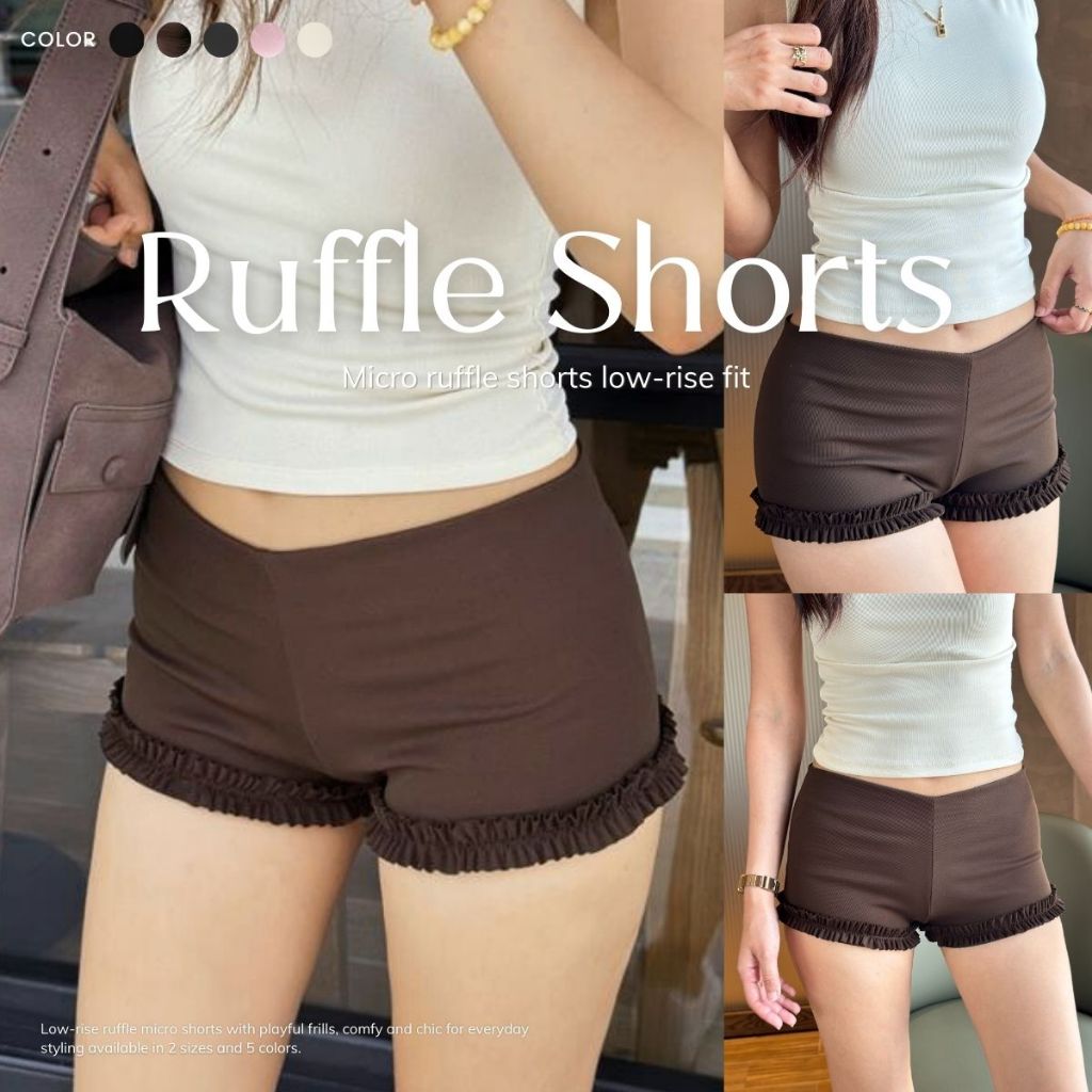 RUFFLE SHORTS | กางเกงขาสั้นเอวต่ำ ผ้า2ชั้น แต่งระบาย Colicotton ยืดใส่สบาย | MURF.BKK | Micro Short