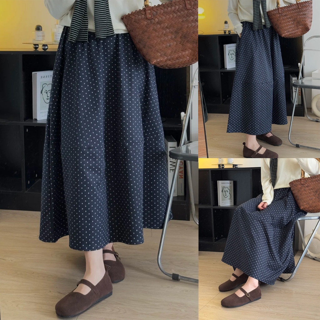 กระโปรงยาวกลาง กระโปรงลายจุด POKADOT SKIRT เดรสลายจุดยาว สไตล์คลาสสิก ใส่สบาย มีกระเป๋า มีซับในในตัว S-XXXL พร้อมส่ง