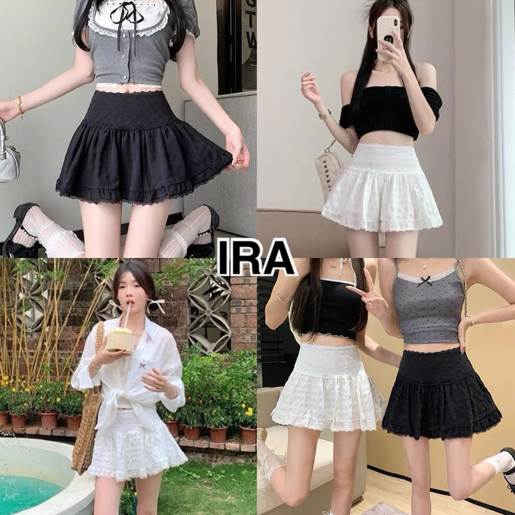 BY IRA(23072/23081) Marshmallow Skirt กระโปรงสั้นทรงบัลเล่ต์เอวต่ำ สไตล์เวียดนาม ปักลูกไม้ สีขาว