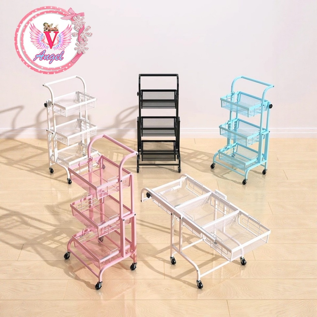 รถเข็น 3 ชั้นใส่ของเอนกประสงค์ สีชมพู สินค้ามีพร้อมส่งจ้า ปรับได้หลายระดับ