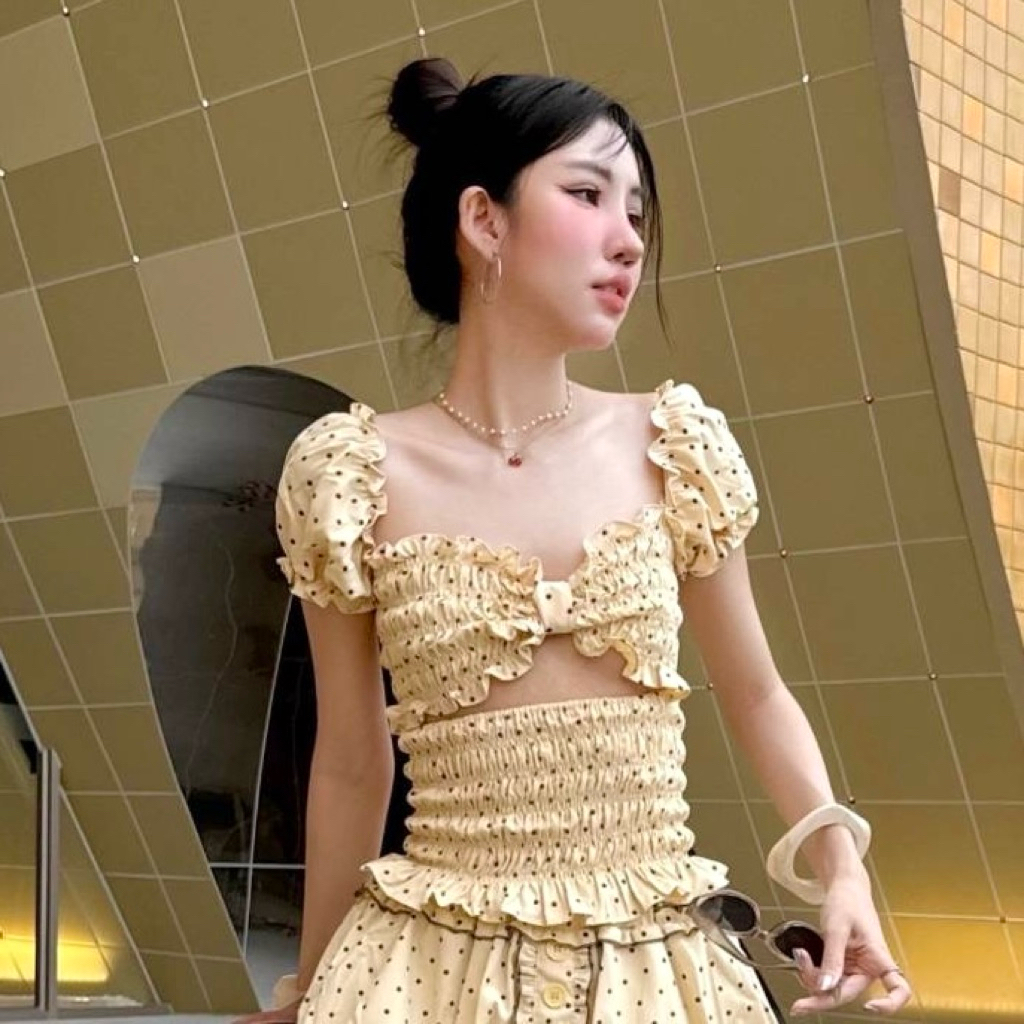 🌼งานป้าย suwimol🌼 SET เสื้อแขนตุ๊กตาเกาะอกระบาย แหวกอกรูปโบว์+กางเกง รุ่นมาการองลายจุด - รูปที่ 5