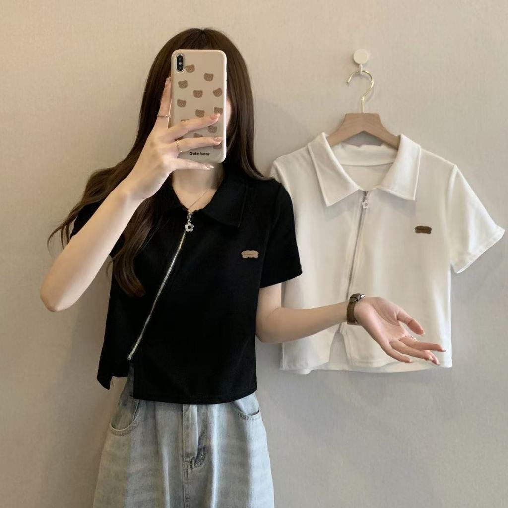 CC-33111 เสื้อโปโลหญิง คอปก 斜边 แฟชั่นเกาหลี เนื้อผ้าร่องบางเบาสบาย ใส่ไปทำงานหรือใส่เที่ยว