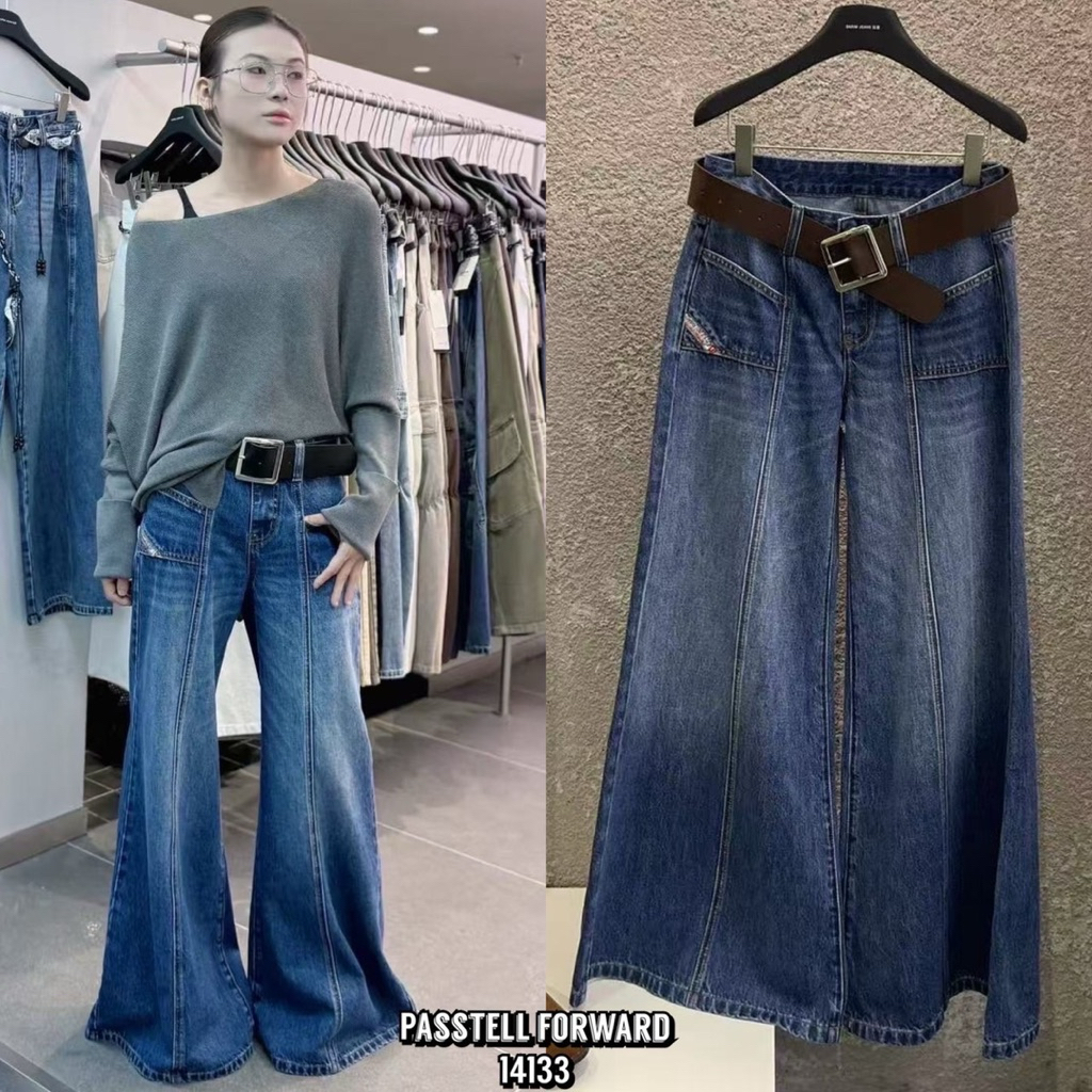 Korea darim wide legged Denim jeans with black belt มาใหม่เลยค้า ทรงสวยมาก!! กับยีนdarimขาม้าบานใส่ส