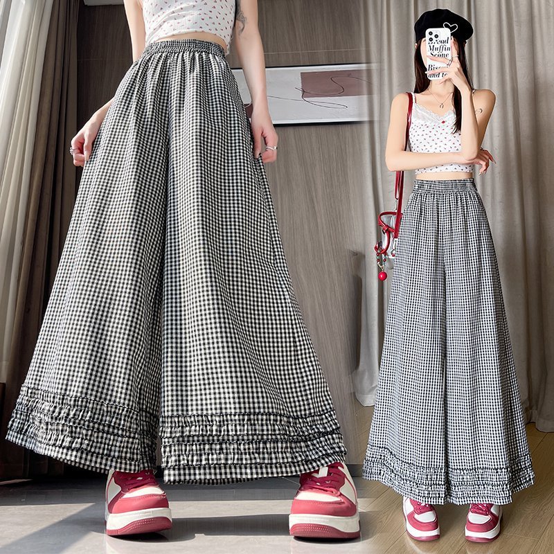 กางเกงขากว้างลายสก็อตย้อนยุค กางเกงเอวสูง ทรงหลวม ลำลองและอเนกประสงค์ ผ้าใส่สบาย