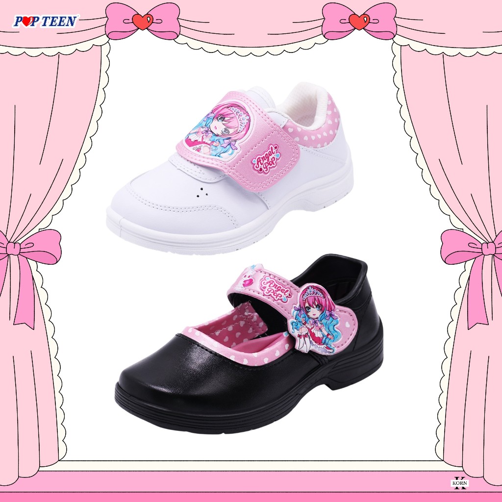 POPTEEN รองเท้านักเรียนอนุบาลหญิง รุ่น Angel Pop (สีดำ/ขาว)