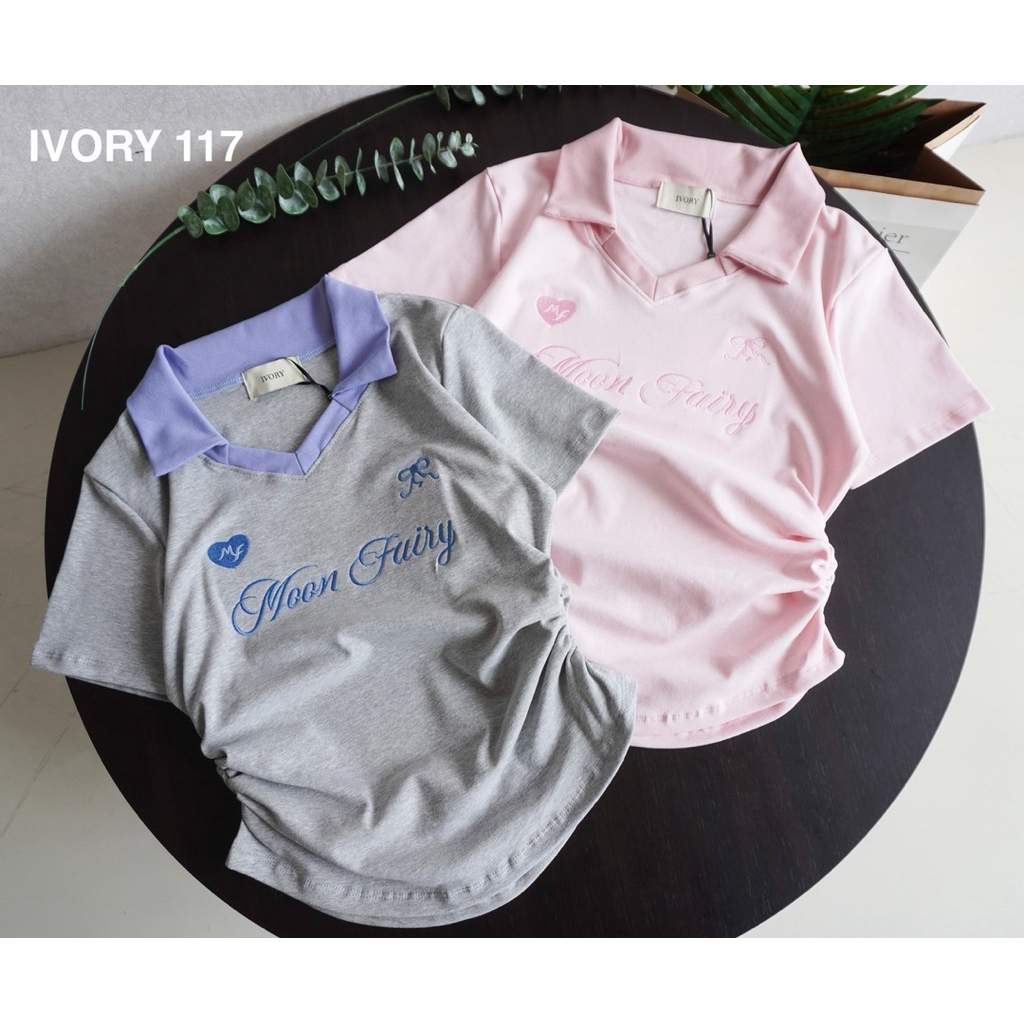 VV869-IVORY งานปัก เสื้อยืดแฟชั่นแขนสั้น คอวีปก ผ้ายูนิโคล่