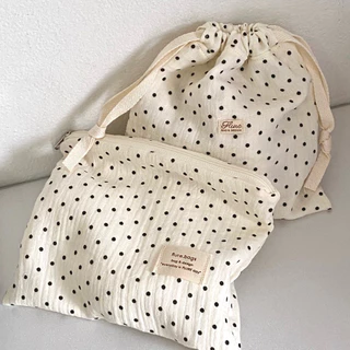 กระเป๋าผ้าลายจุด สีครีมลายจุดดำ โบว์ ผ้านุ่ม ใส่ของใช้จุกจิก รุ่น pokaldot flure.bags