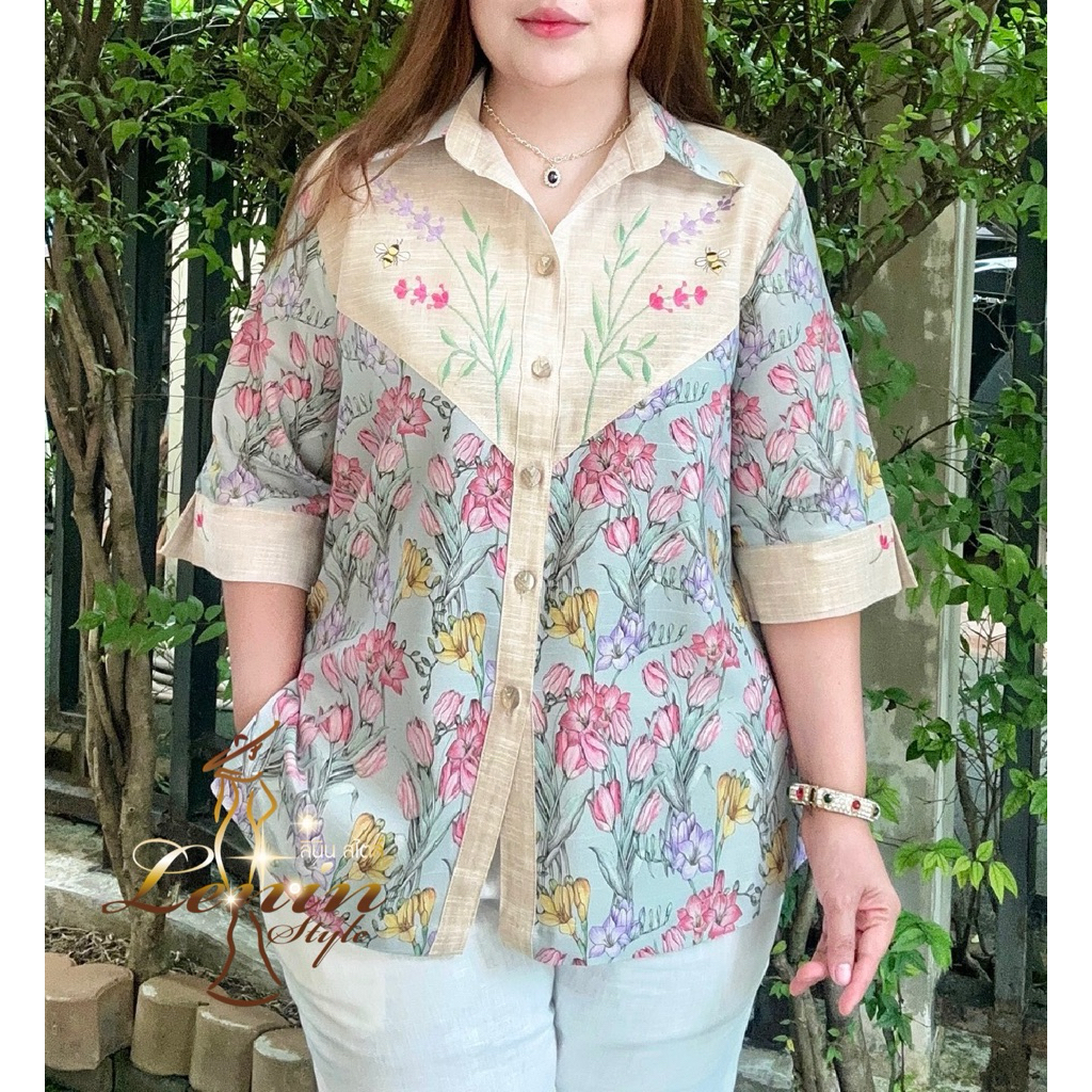 เสื้อลินิน เสื้อเชิ้ตผู้ใหญ่ สวยดีไซน์ลายปักทูโทน