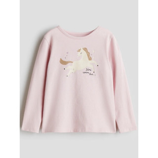 H&M เสื้อยืด คอกลม แขนยาว สีชมพูอ่อน ลายยูนิคอร์น