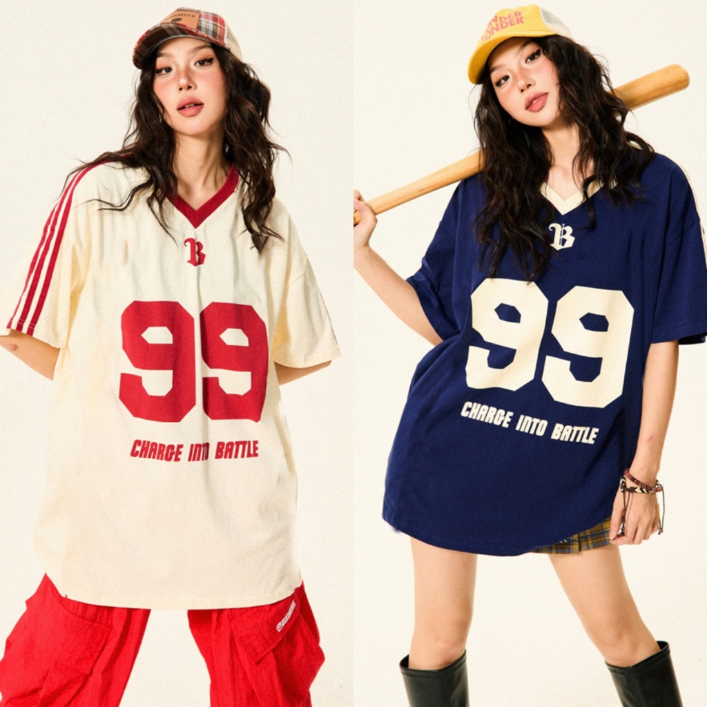Bella Shop เสื้อยืดกีฬาผู้หญิง สไตล์อเมริกัน ย้อนยุค แขนสั้น คอวี เสื้อเบสบอล