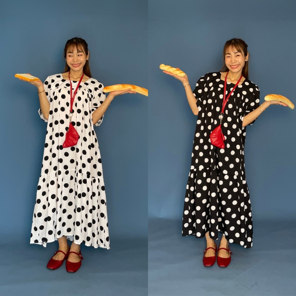 CHAWY Dough dot dress C4760 เดรสยาวลายจุด เดรสยาวมินิมอล มี 2 สี ดำ ขาว