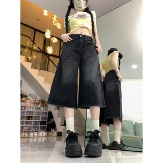 Bella shop กางเกงยีนส์ทรงตรงเอวสูง กางเกงยีนส์ครอป สไตล์สตรีทย้อนยุค ทรงหลวม สวมใส่สบาย