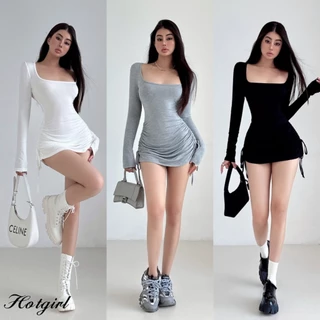 Hotgirl พร้อมส่ง ชุดเดรสแขนยาวผู้หญิง มินิเดรสสตรี ชุดสั้นเซ็กซี่ รัดรูป ดีไซน์จีบเชือกรูดด้านข้าง คอยูเซ็กซี่