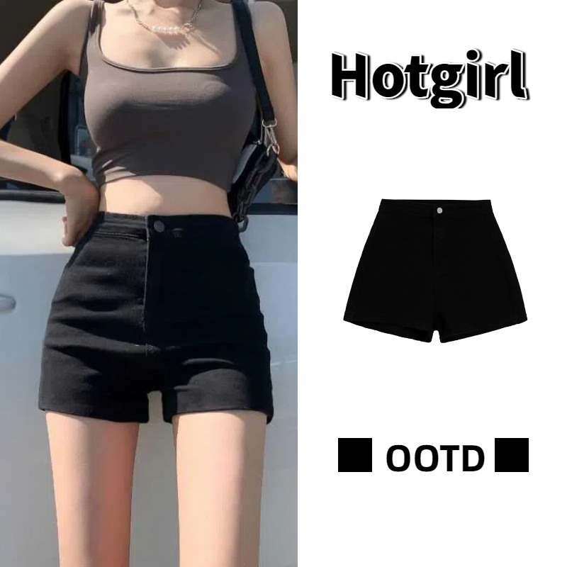 Hotgirl พร้อมส่ง กางเกงขาสั้นหญิง กางเกงขาสั้นยีนส์แฟชั่น สีดำ สไตล์เกาหลีเรียบง่าย ทรงพอดีตัว ดีไซน์เอวสูง